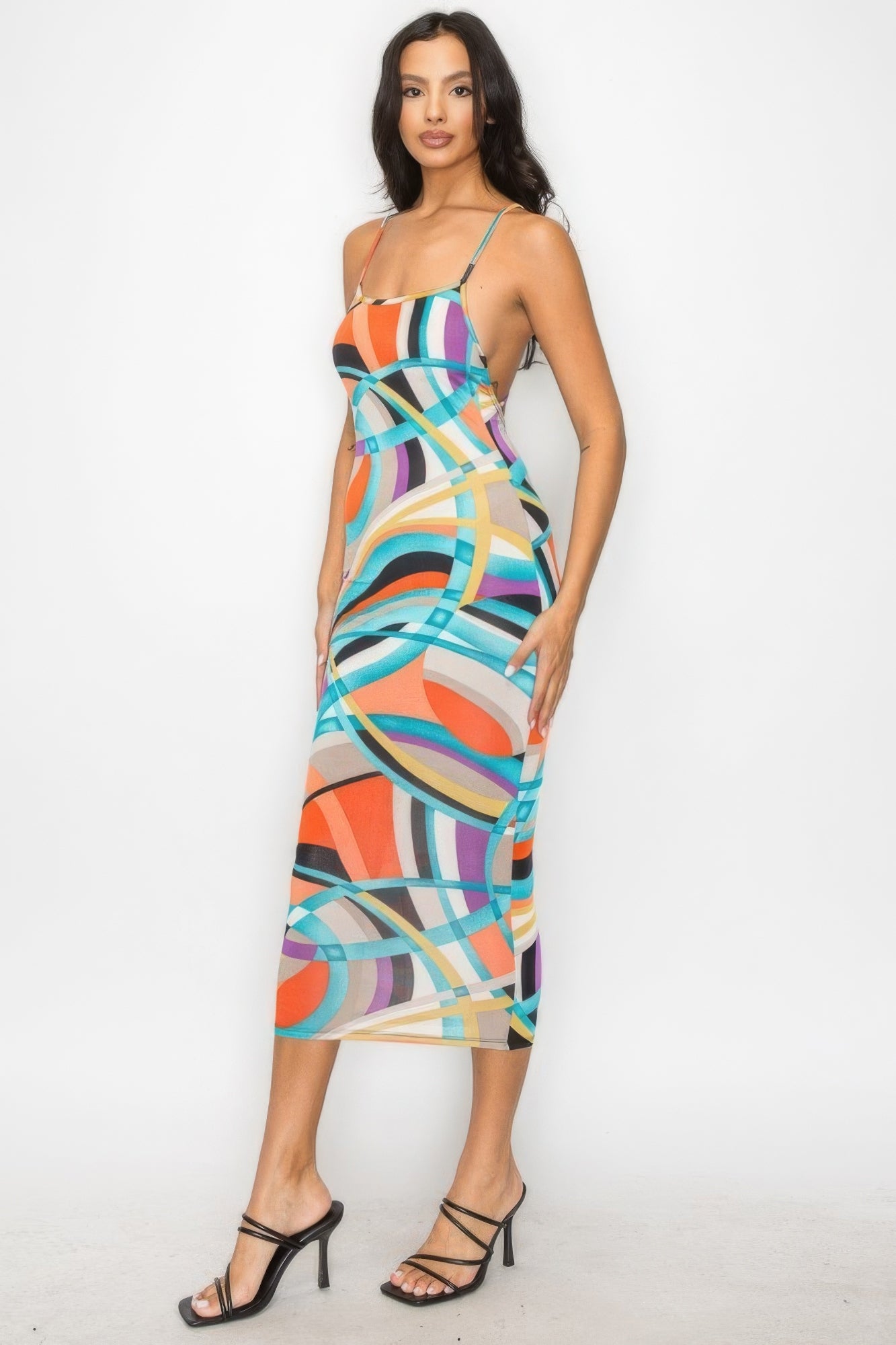 Crossed Back Marble Print Multicolor Midi Dress