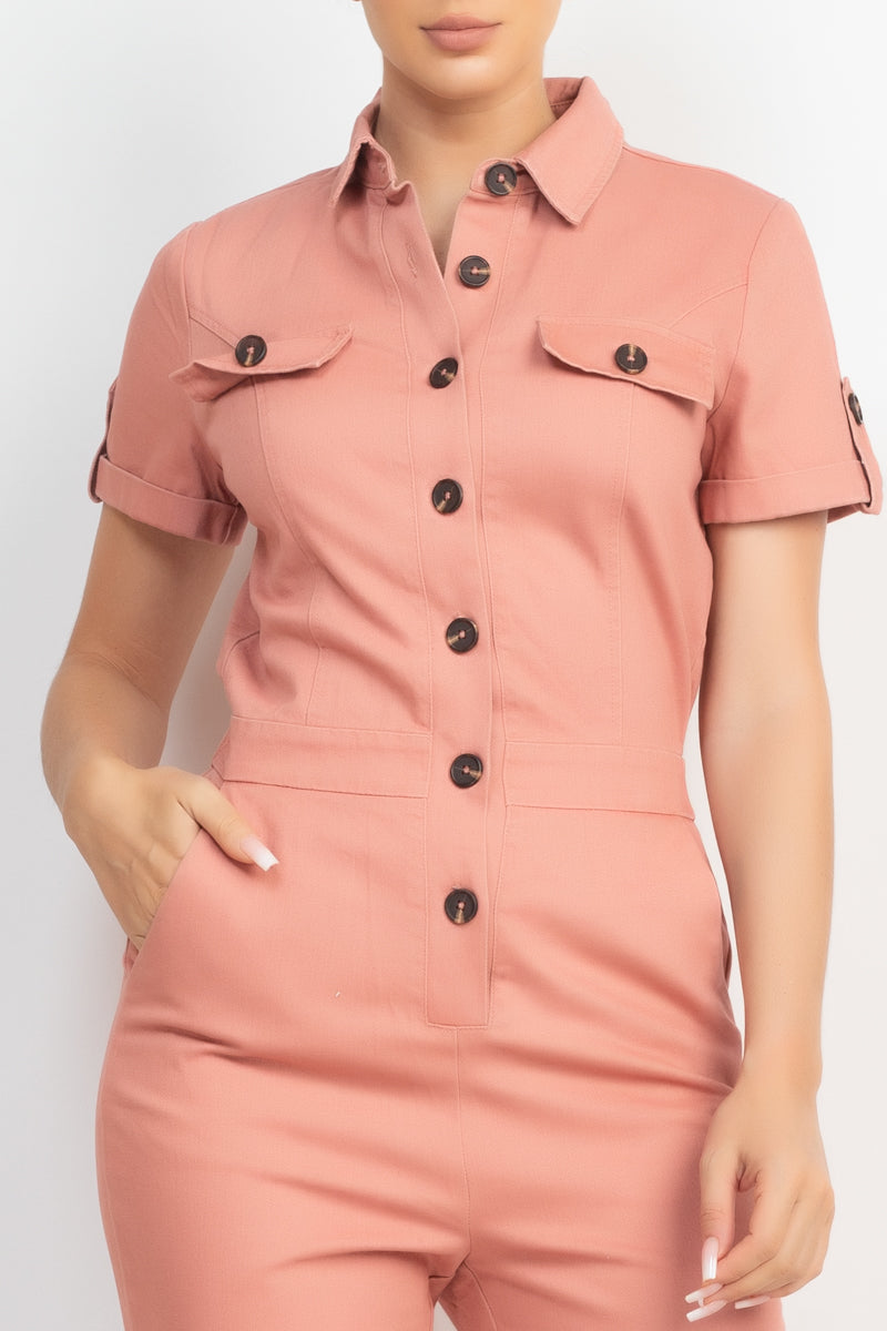 Collared Button-front Jumpsuit