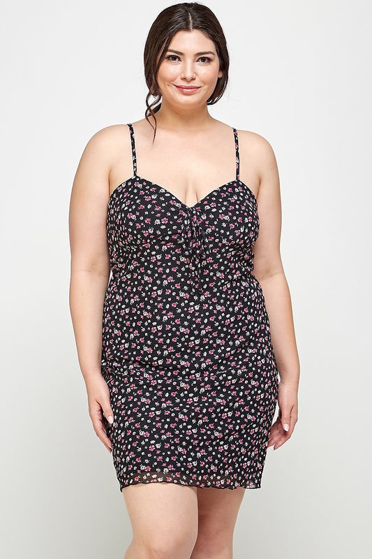 Plus Size Ditsy Floral Print On Mesh Fabric Cami Dress