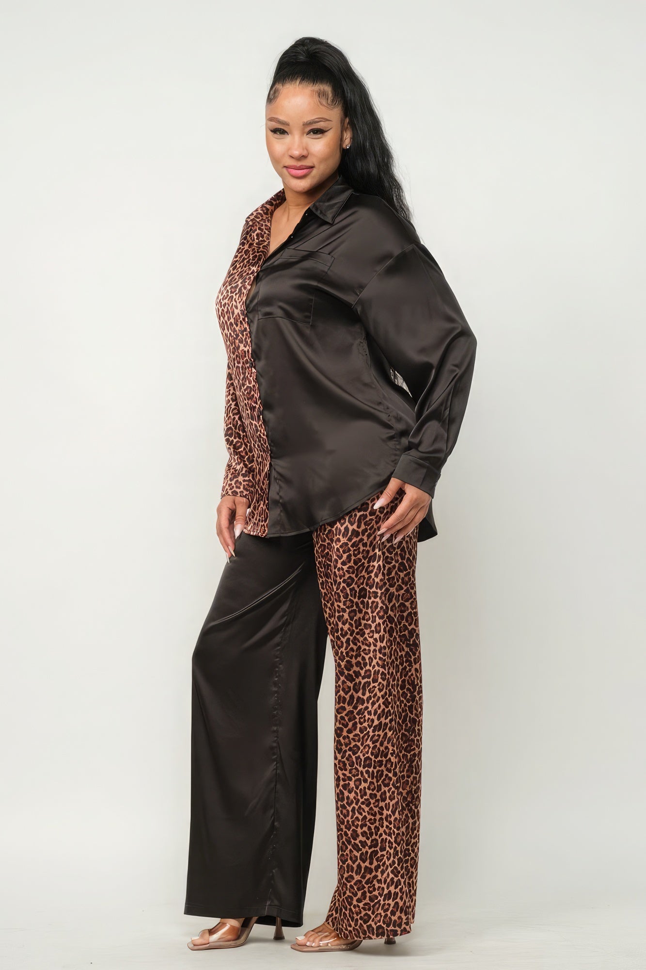 Half Animal Print And Half Solid Top And Pants Set