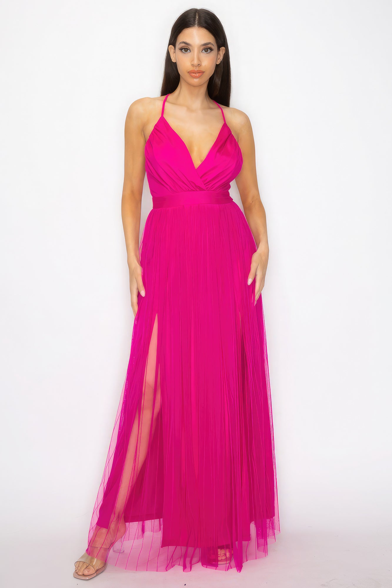 Pleated Mesh Slit Maxi Dress