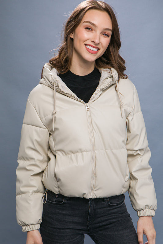 Pu Faux Leather Zipper Hooded Puffer Jacket