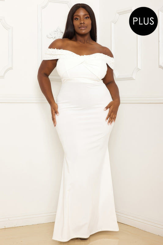 Pearl Bead Off The Shoulder Plus Size Maxi Dress