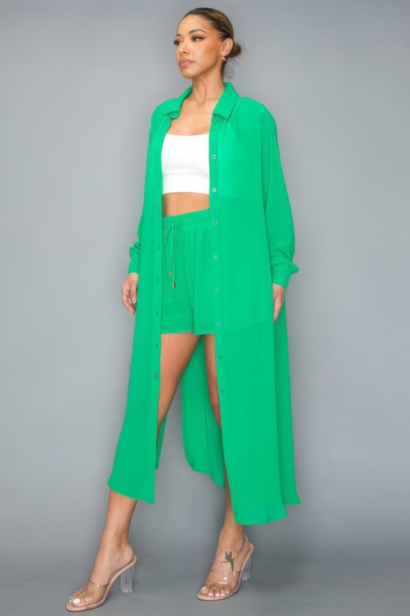 Chiffon Button Down Long Sleeve Side Slit Long Top With Short Set